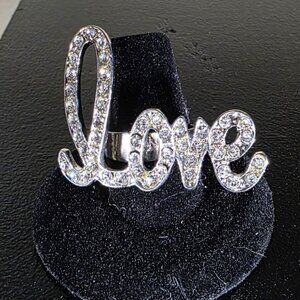 Love Ring With Rhinestone Embellishments Adjustable Band Silver-Tone statement